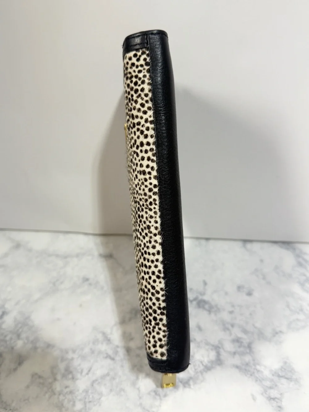 Fossil Liza black white cheetah polkadot fur leather wallet clutch